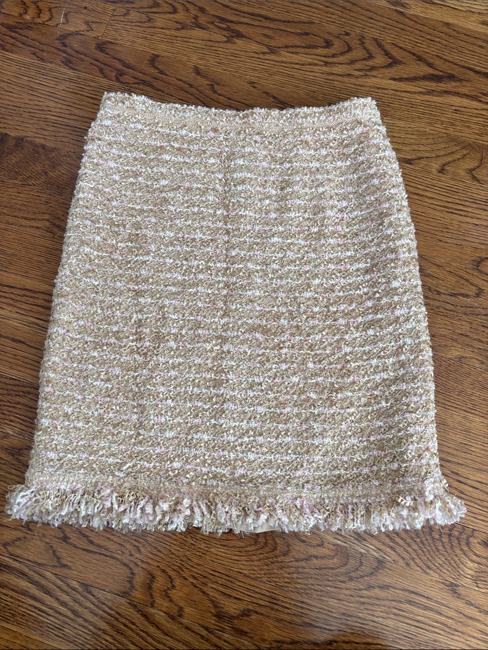 Escada Pink Cream Tweed Fringe Pencil Skirt